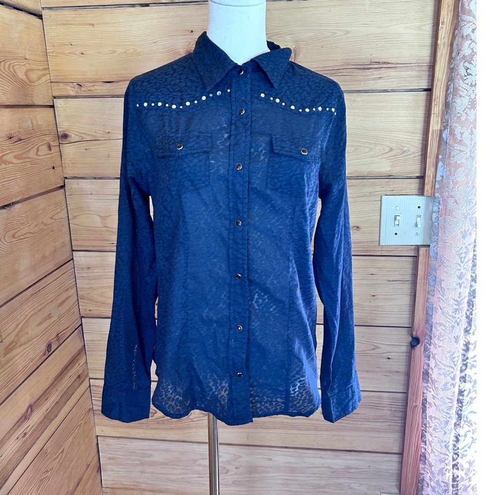 Vintage Western Shirt Women Medium Black Sheer Studded Cumberland Outfitters Y2K